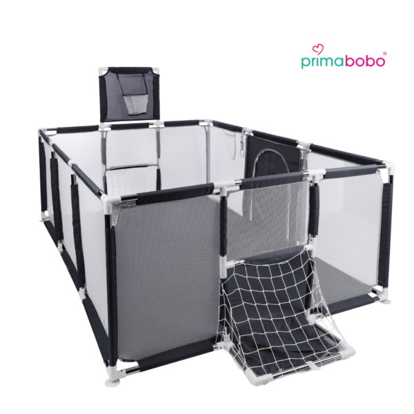 Kojec dziecięcy TEO MAX 180×120 cm z koszem i bramkami, szary + Mata piankowa dwustronna 120×180 cm, składana, szara / wielokolorowa