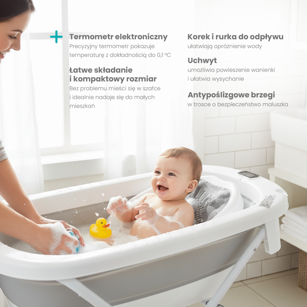 Wanienka składana milo ze stojakiem szara z termometrem odpływ