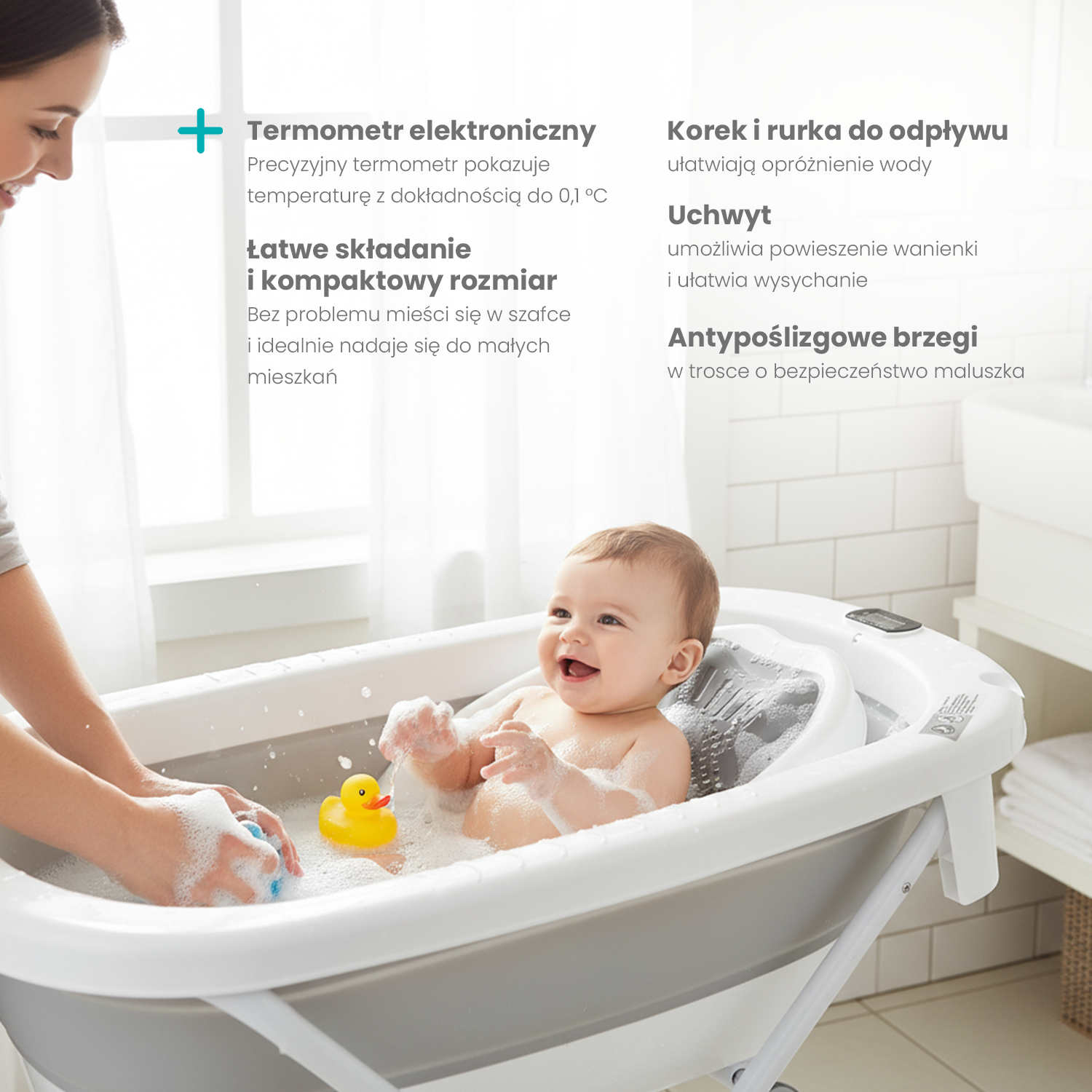 Wanienka składana milo ze stojakiem szara z termometrem odpływ