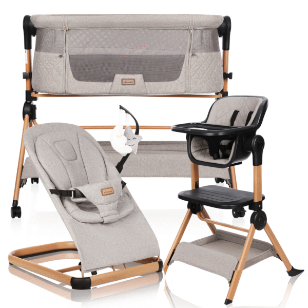 Zestaw: Łóżeczko dostawne VERA 3w1- krzesełko do karmienia + Leżaczek- bujaczek LEO, Kamienny Beż