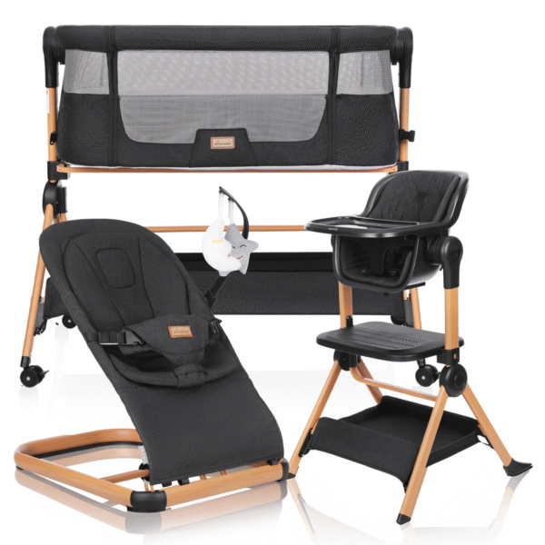 Zestaw: Łóżeczko dostawne VERA 3w1- krzesełko do karmienia + Leżaczek- bujaczek LEO, Popielata Czerń