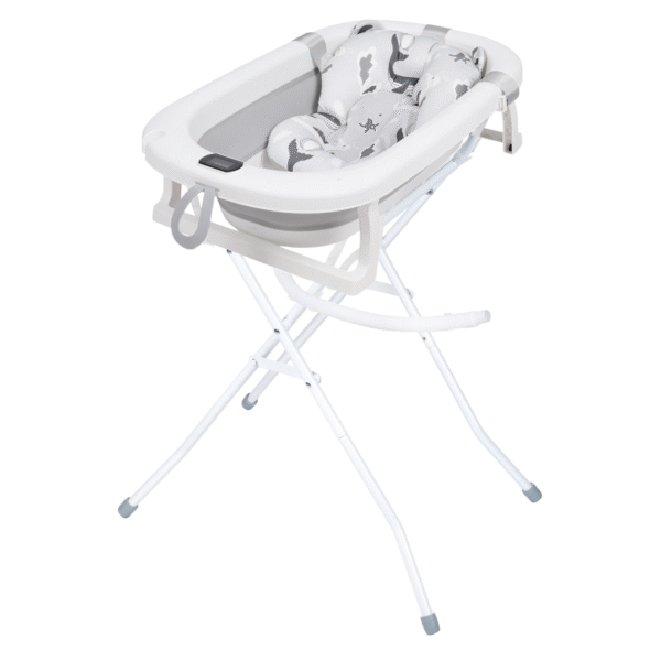 Wanienka składana MILO ze stojakiem, poduszką i odpływem, szara