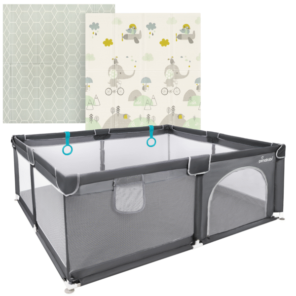 Kojec dziecięcy LUNA 150×180 cm, szary + Mata piankowa dwustronna 150×180 cm, składana, szara / wielokolorowa