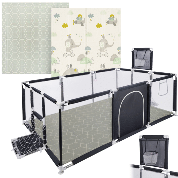 Kojec dziecięcy TEO MAX 180×120 cm z koszem i bramkami, szary + Mata piankowa dwustronna 120×180 cm, składana, szara / wielokolorowa